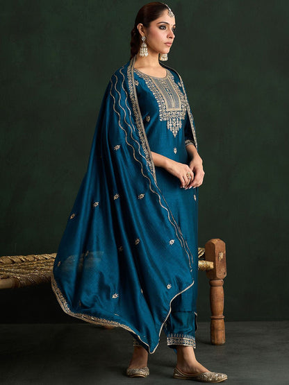 Indyancart IE Women Ethnic Motifs Embroidered Regular Kurta with Trousers & With Dupatta