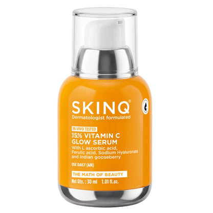 SKINQ 15% Vitamin C Glow Serum with L Ascorbic & Ferulic Acid, Reduces Tan & Brightens Skin