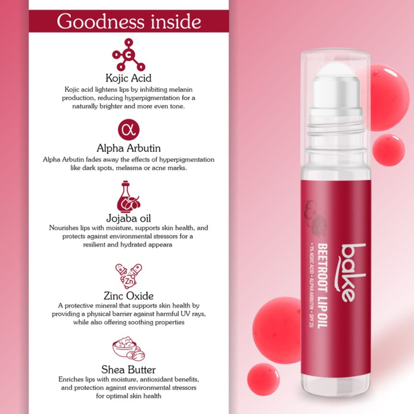 Bake 1% Kojic Acid + Alpha Arbutin Tinted Lip Balm Oil For Pigmented & Dark Lips With SPF 25