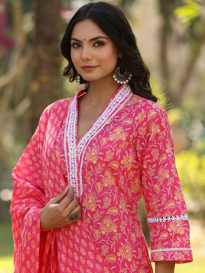 Indyancart VA Women'sFloral Printed Regular Straight Kurta with trousers & with Dupatta