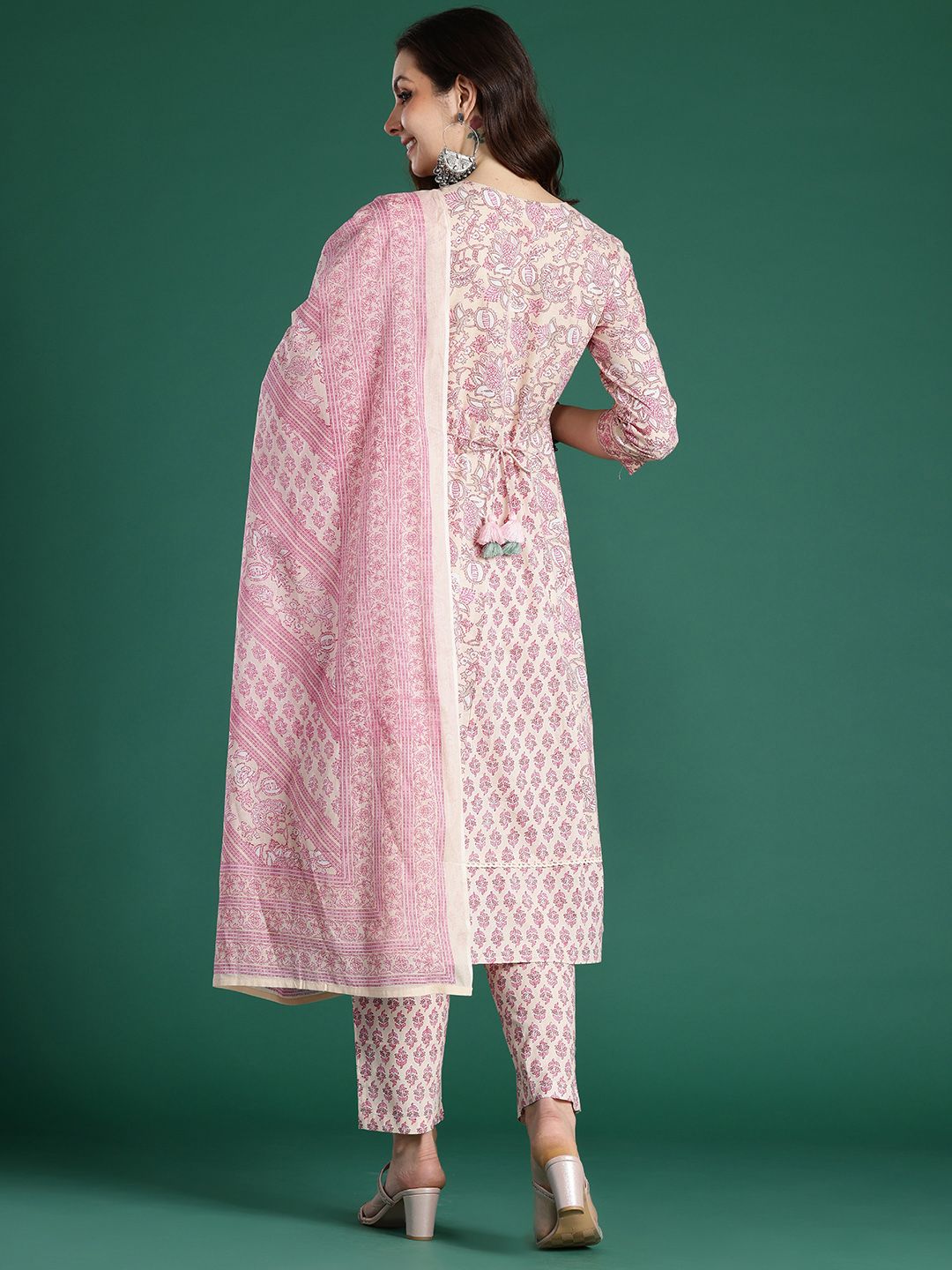 Indyancart IE Floral Printed Panelled Pure Cotton Kurta with Trousers & With Dupatta