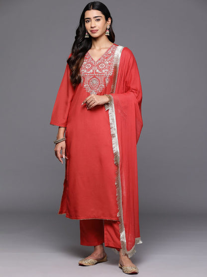 Indyancart VA Women's Floral Embroidered Regular Sequinned Kurta with Trousers & With Dupatta