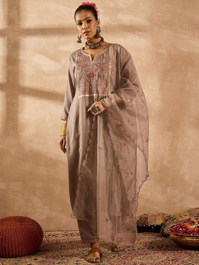Indyancart IE Women Ethnic Motifs Embroidered Regular Thread Work Kurta with Trousers & With Dupatta