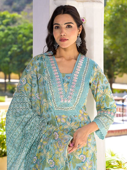 Indyancart VA Women'sFloral Printed Regular Mirror Work Pure Cotton Kurta With Trouser & Dupatta