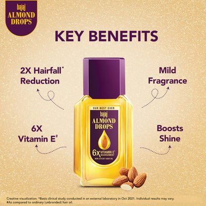 Bajaj Almond Drops Almond Oil 6X Vitamin E Nourishment Non Sticky Hair Oil For Hair Fall Control