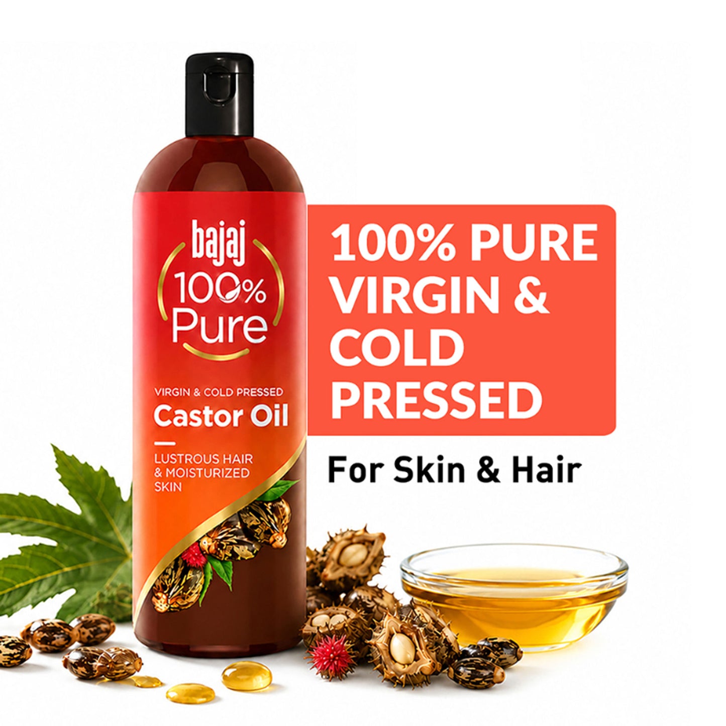 Bajaj 100% Virgin & Cold Pressed Pure Castor Hair and Skin Oil for Lusturous Shiny Hair & Moisturized Skin, Best Beauty Products