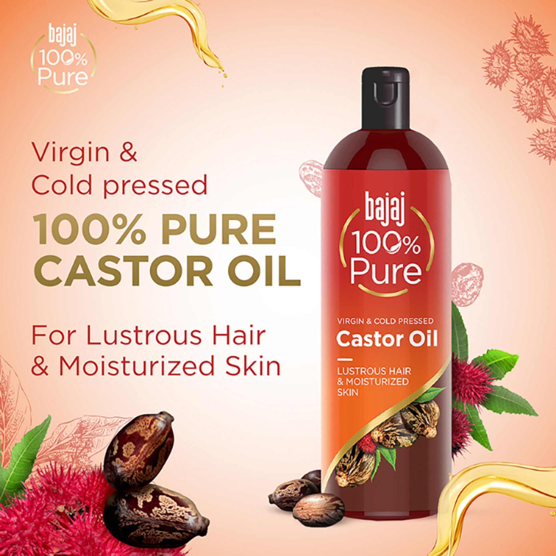 Bajaj 100% Virgin & Cold Pressed Pure Castor Hair and Skin Oil for Lusturous Shiny Hair & Moisturized Skin, Best Beauty Products