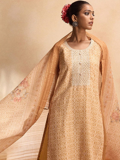 Indyancart IE Ethnic Motifs Printed Pure Cotton Straight Kurta with Trousers & Dupatta