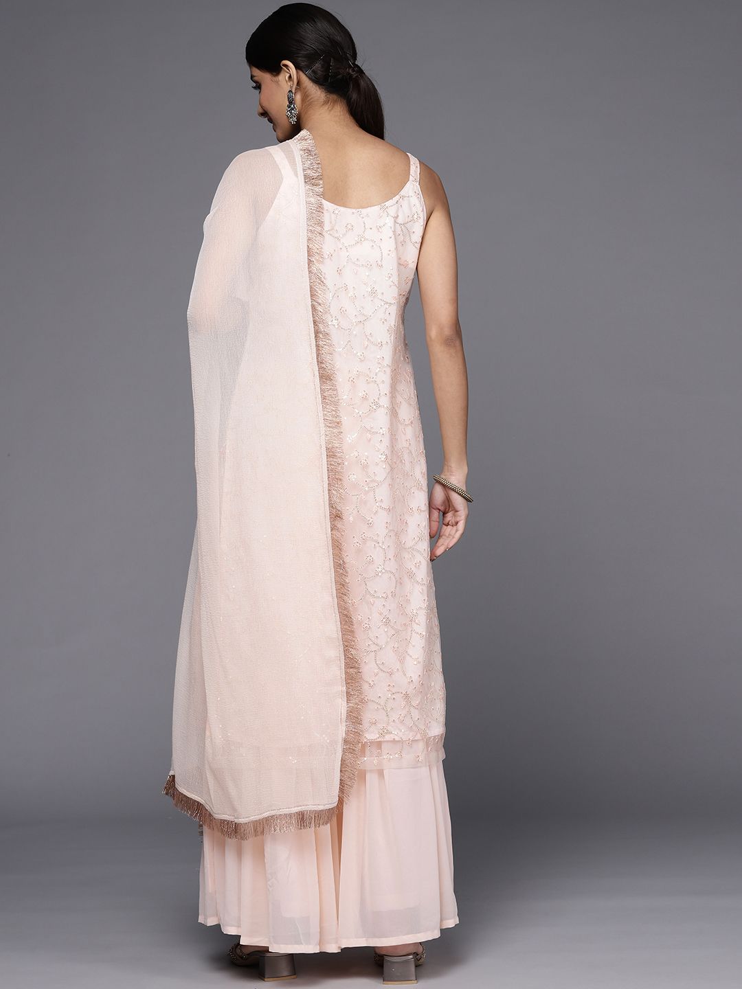Indyancart VA Women Peach-Coloured Floral Sequinned Kurta with Sharara & With Dupatta