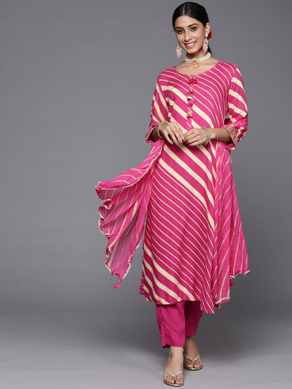 Indyancart VA Women's Leheriya Printed Kurta with Trousers & With Dupatta