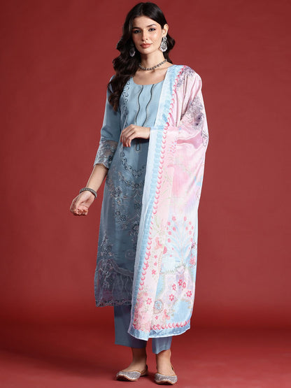 Indyancart IE Floral Embroidered Thread Work Kurta with Trousers & Dupatta