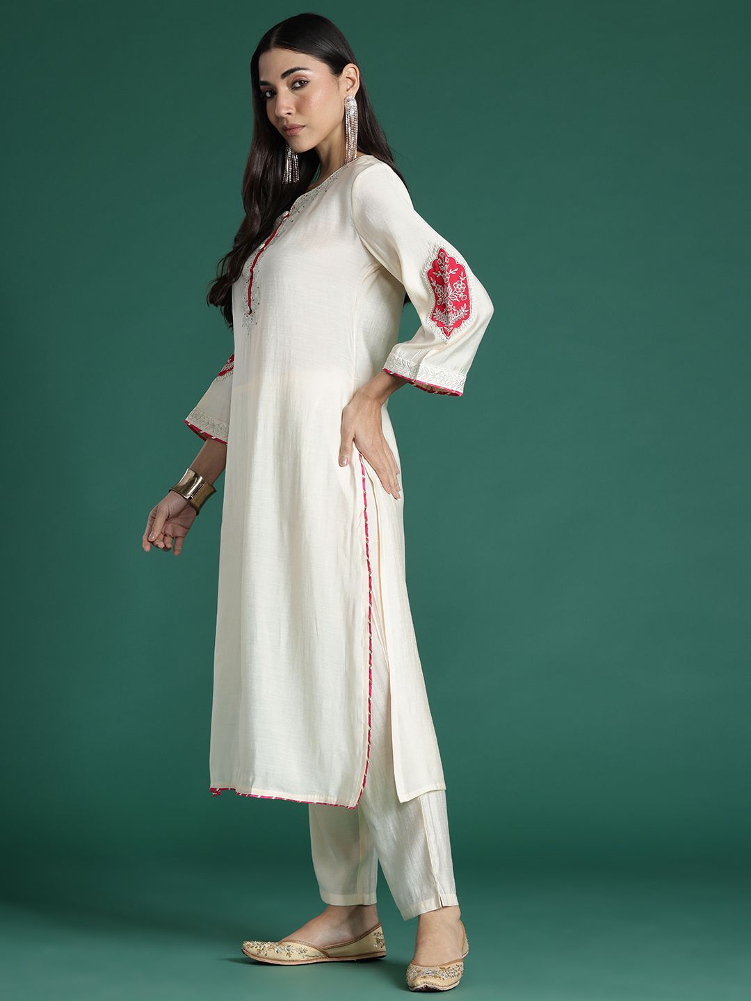 Dhiyona IE Ethnic Motifs Yoke Design Zari Kurta with Trousers & Dupatta