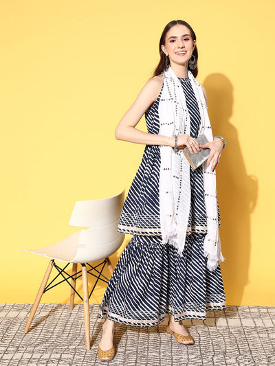 Indyancart VA Women's Leheriya Printed Mirror Work Kurta with Sharara & With Dupatta