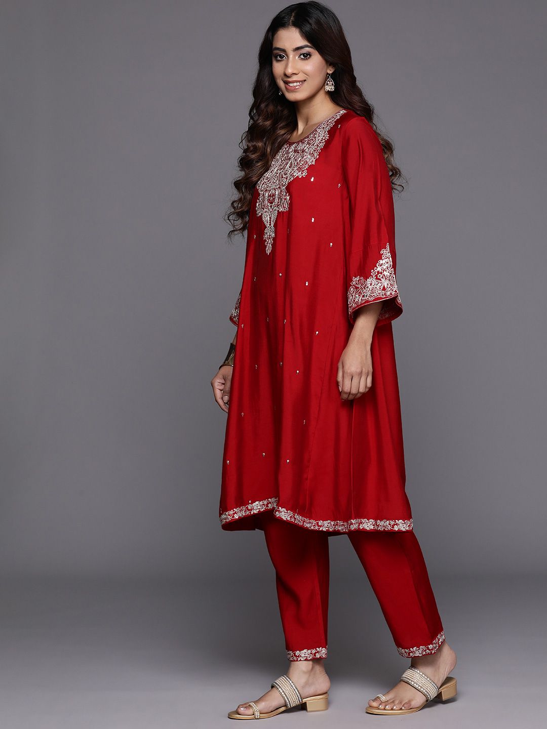 Indyancart VA Women'sPaisley Embroidered Zari Kurta with Trousers & Dupatta