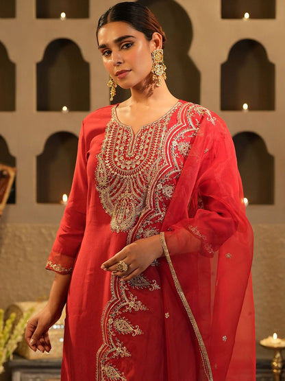 Indyancart IE Women's Women Ethnic Motifs Embroidered Regular Liva Kurta with Trousers & With Dupatta