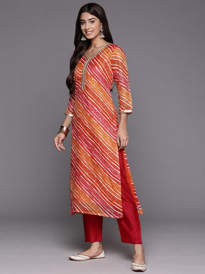 Indyancart VA Women's Leheriya Printed Regular Sequinned Kurta with Trousers & With Dupatta