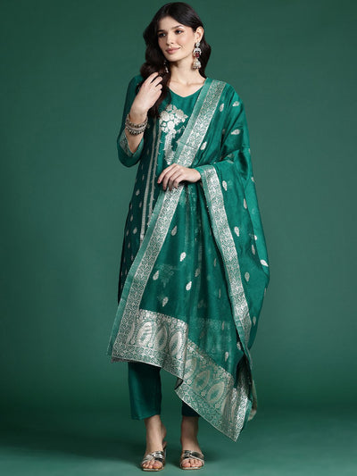 Indyancart IE Ethnic Motifs Woven Design Kurta with Trousers & With Dupatta