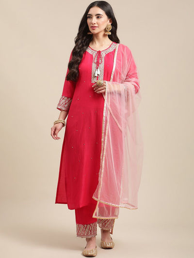 Indyancart VA Women's Pink Ethnic Motifs Straight Kurta with Trousers & Dupatta
