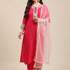 Dhiyona VA Women's Pink Ethnic Motifs Straight Kurta with Trousers & Dupatta