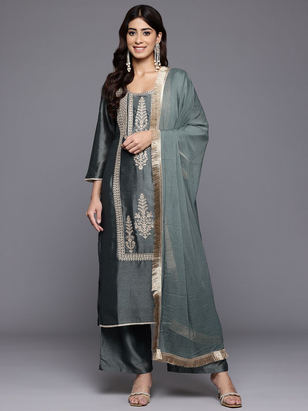 Indyancart VA Ethnic Motifs Embroidered Zari Kurta With Palazzos & Dupatta