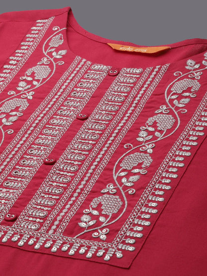 Dhiyona IE Floral Embroidered Round Neck Sequins Straight Kurta