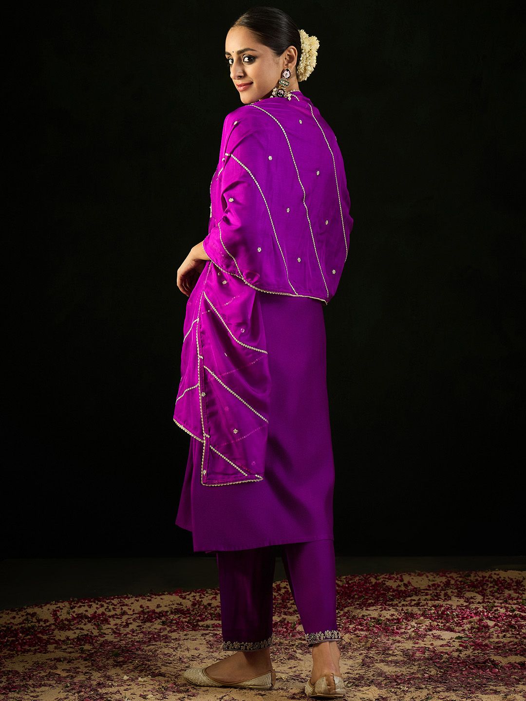 Floral Embroidered Empire Aari Work A-Line Kurta & Trousers With Dupatta