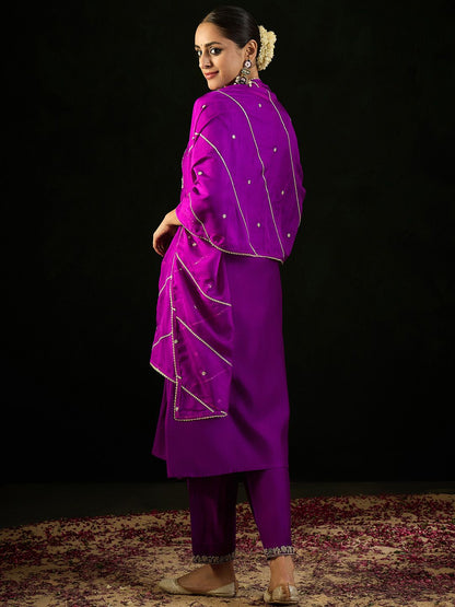 Floral Embroidered Empire Aari Work A-Line Kurta & Trousers With Dupatta
