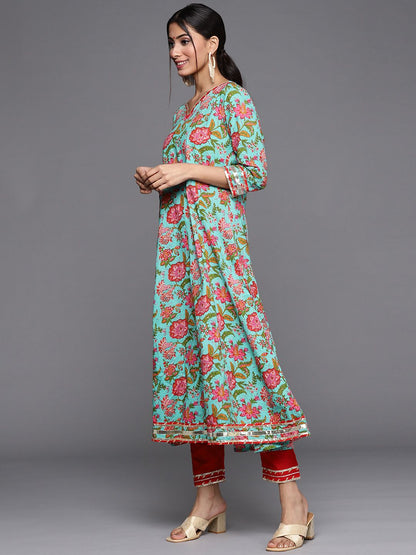 Indyancart VA Women's Blue & Pink Kalamkari Printed Anarkali Kurta with Trousers & Dupatta