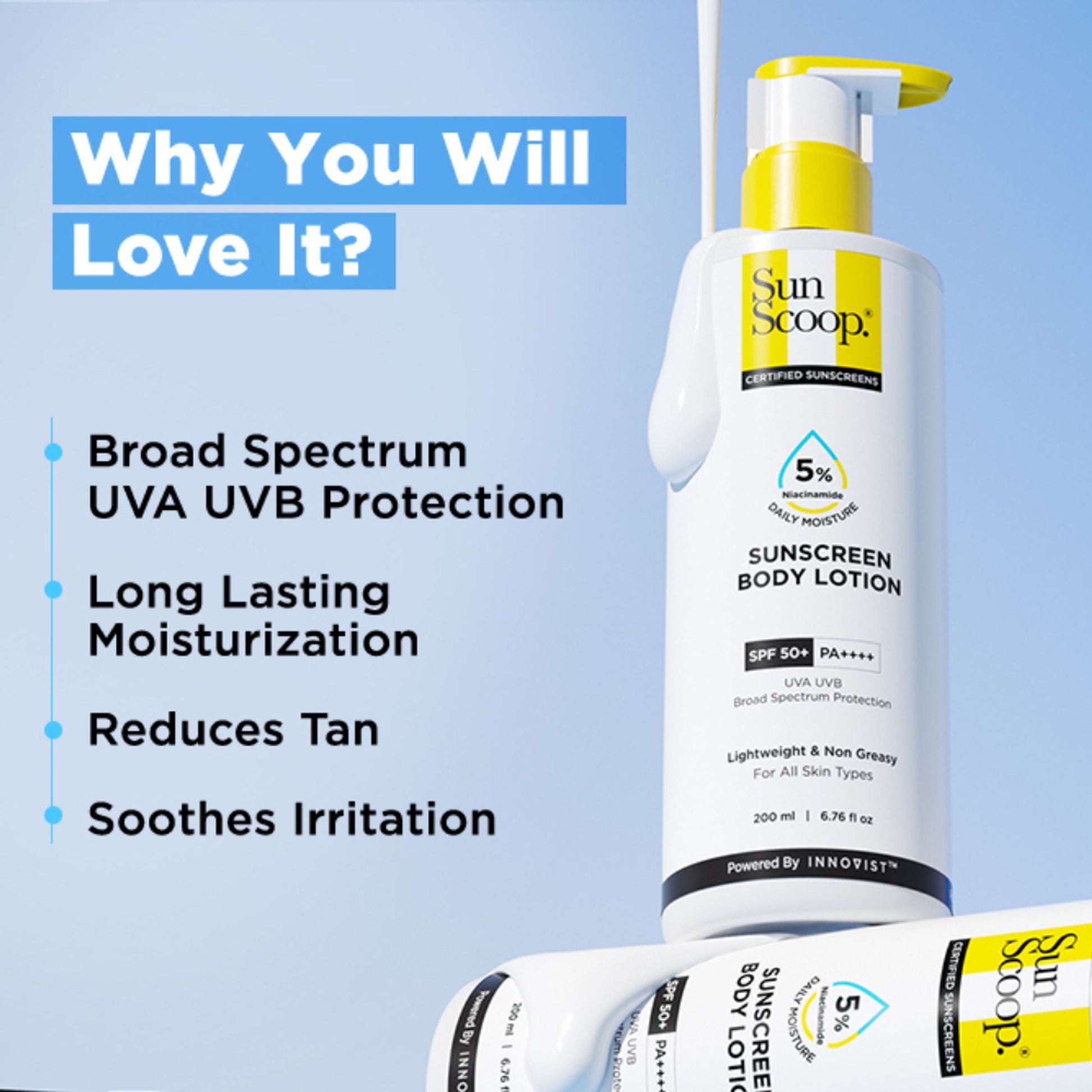 SunScoop 5% Niacinamide Sunscreen Body Lotion SPF 50+ PA++++ 24-Hrs Moisturization In-Vivo Tested