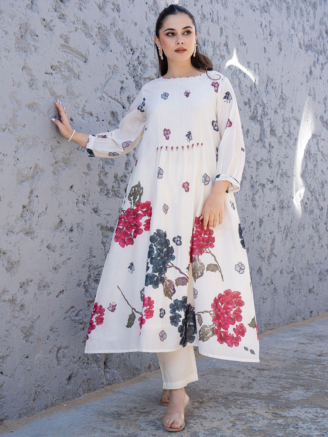 Dhiyona IE Floral Printed Pure Cotton Tunic With Trousers Co-Ords
