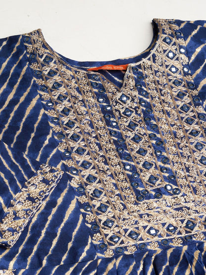 Indyancart IE Blue Leheriya Printed A-Line Thread Work Kurta With Trousers & Dupatta