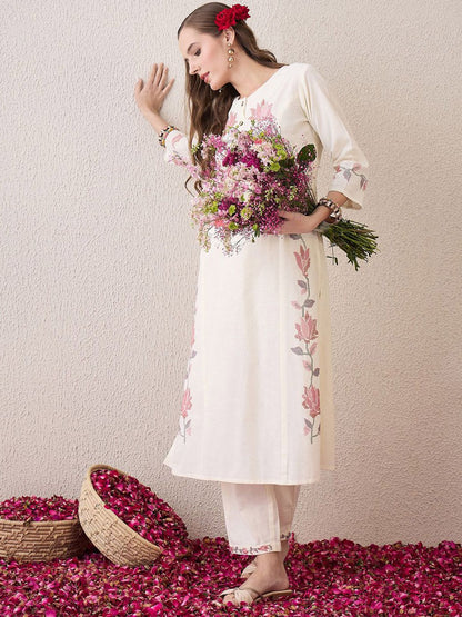 Indyancart IE Floral Printed Round Neck Pure Cotton Straight Kurta With Trouser