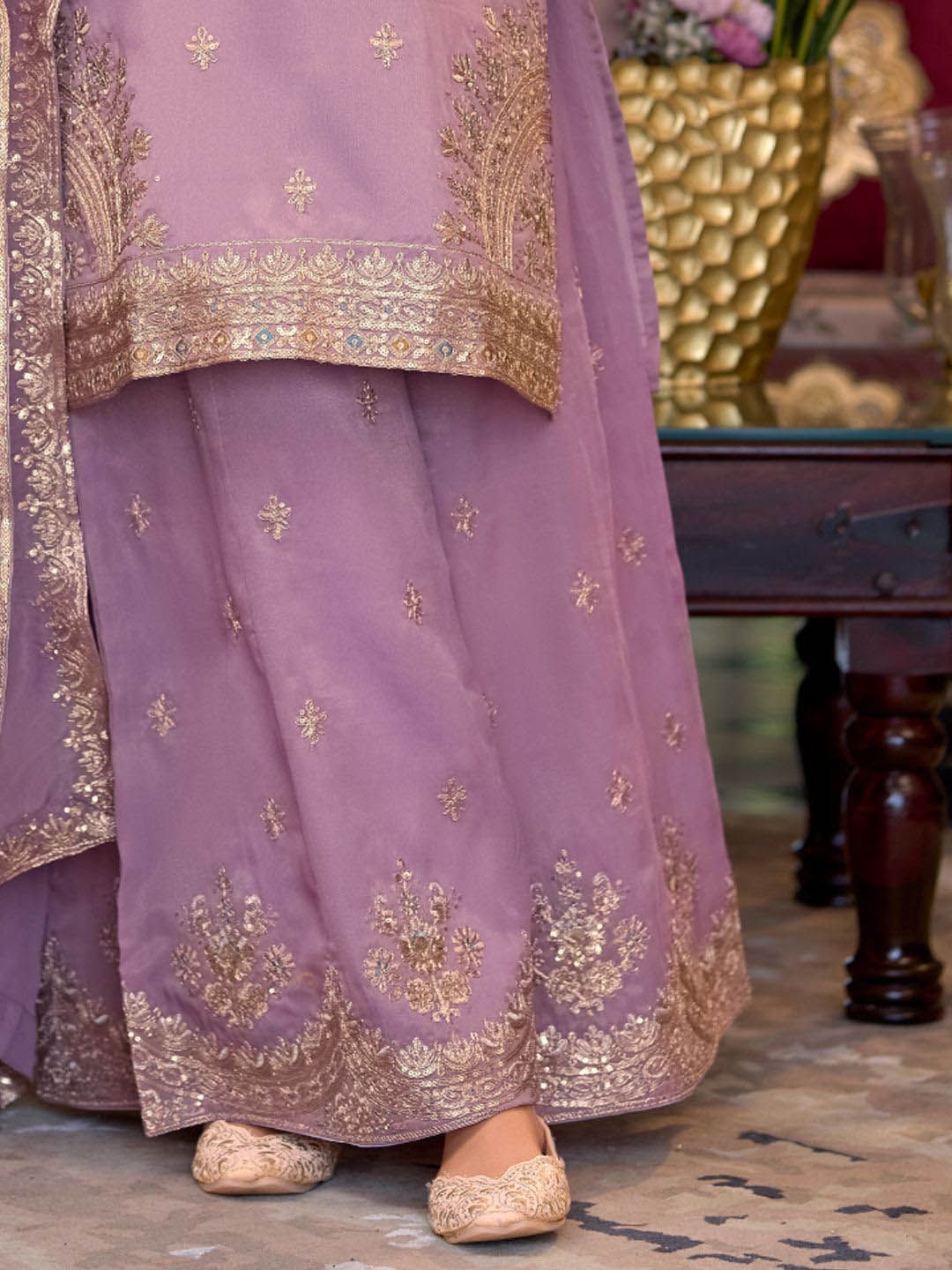 Indyancart IE Ethnic Motifs Embroidered Sequinned Straight Kurta Palazzos With Dupatta