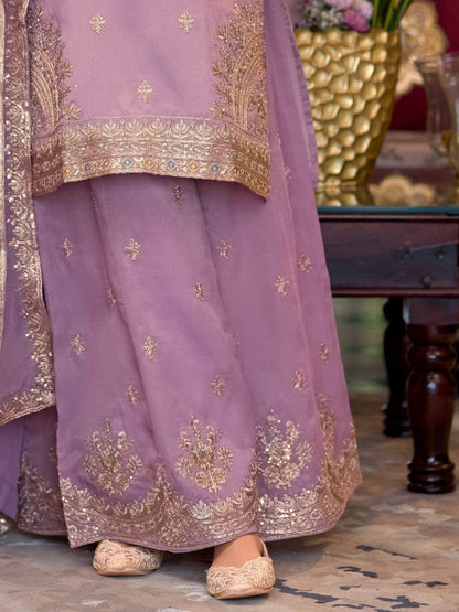 Indyancart IE Ethnic Motifs Embroidered Sequinned Straight Kurta Palazzos With Dupatta