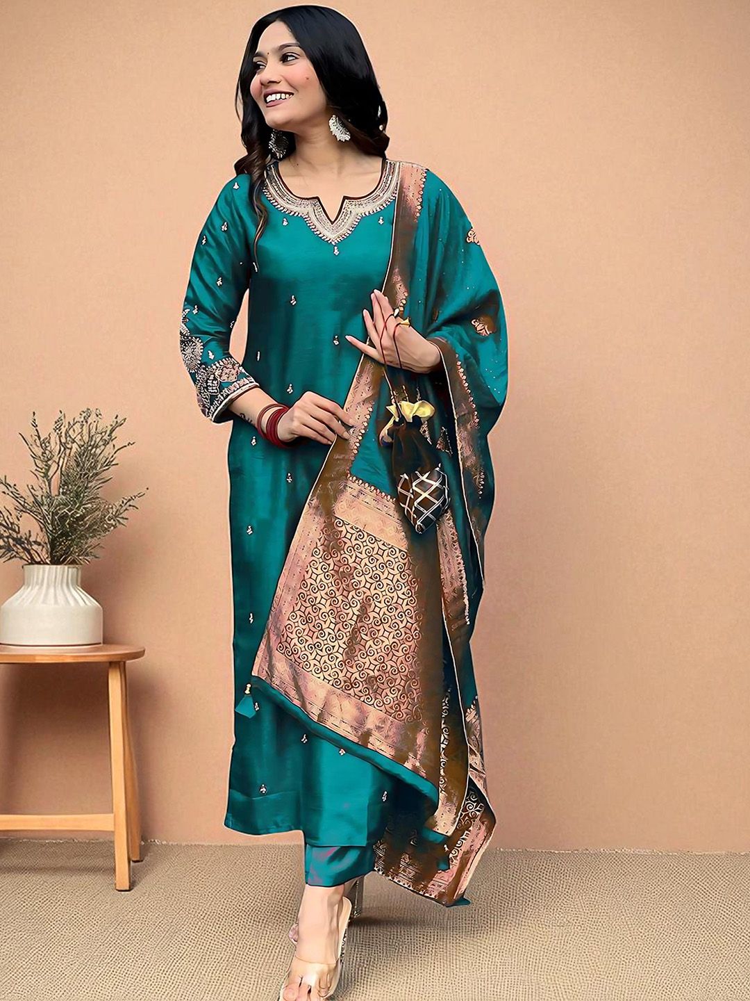 Dhiyona SN Women's Embroidered Straight Kurta Pyjama & Dupatta