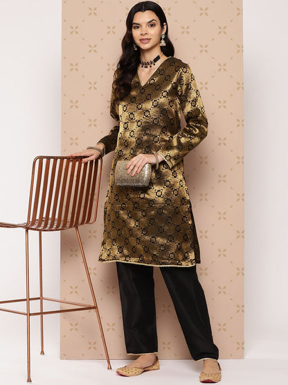 Indyancart SN Women's Zari Woven Gotta Patti Detailed Brocade Kurta with Trousers