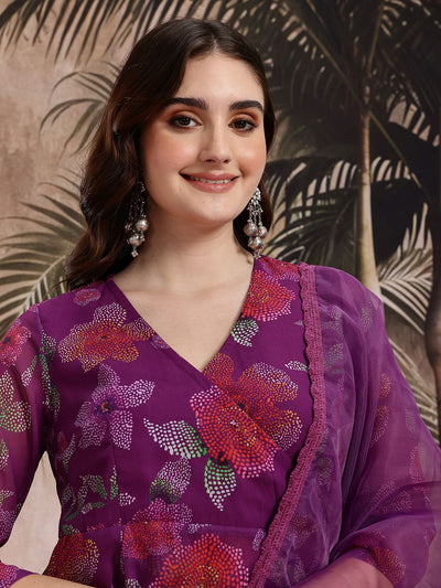 Indyancart SN Women's Floral Print Angrakha Kurta with Trousers & Dupatta