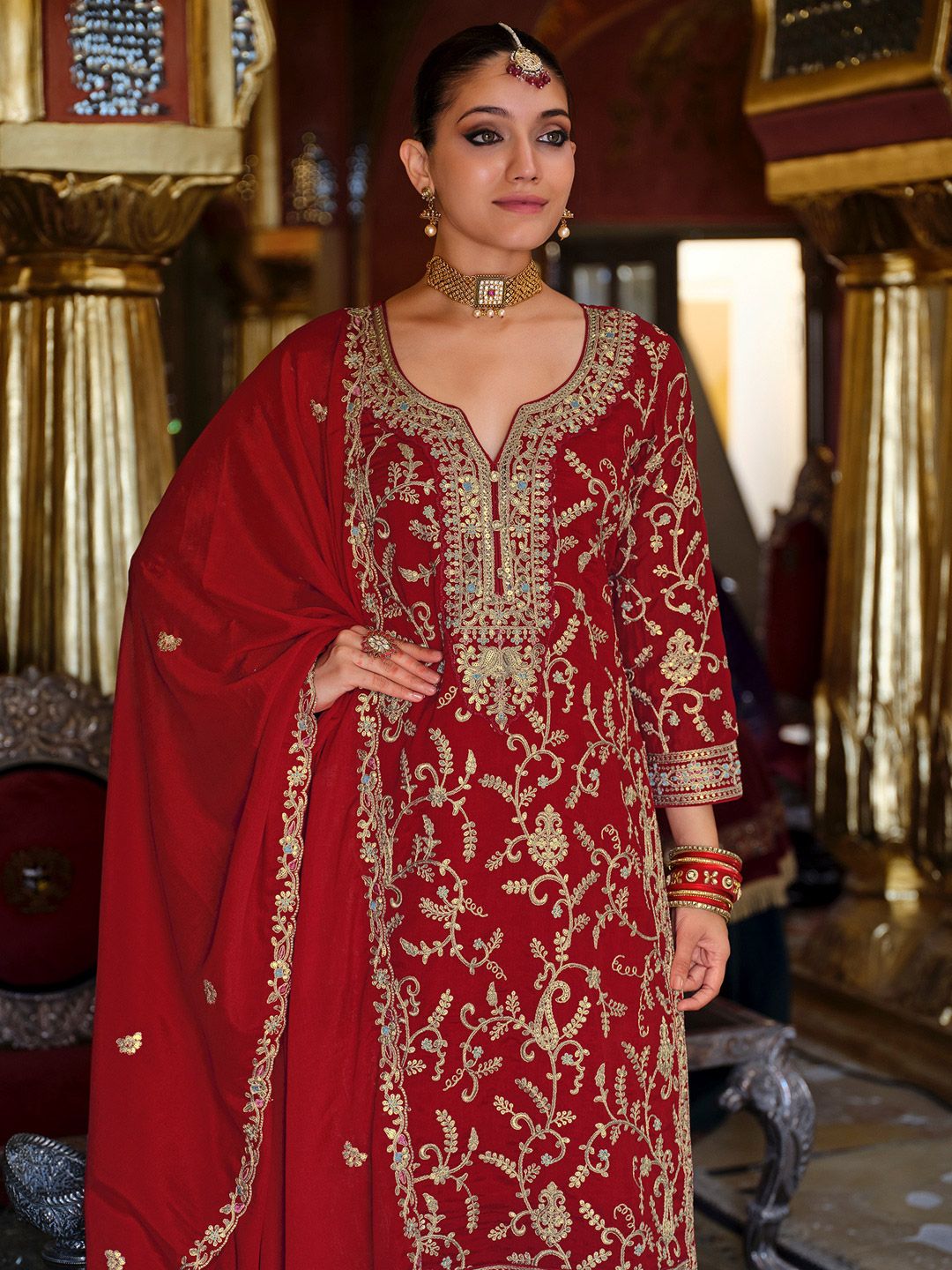 Ethnic Motifs Embroidered Sequinned Kurta with Palazzos & Dupatta