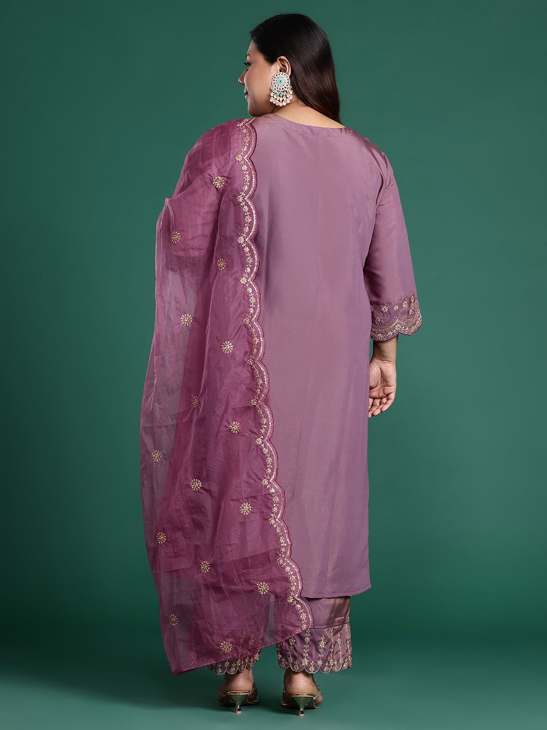 Indyancart IE Plus Size Ethnic Motifs Embroidered Sequinned Kurta with Trousers & With Dupatta