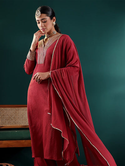 Indyancart VA Women'sMaroon V-Neck Regular Gotta Patti Silk Crepe Kurta With Trouser With Dupatta