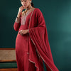 Dhiyona VA Women'sMaroon V-Neck Regular Gotta Patti Silk Crepe Kurta With Trouser With Dupatta