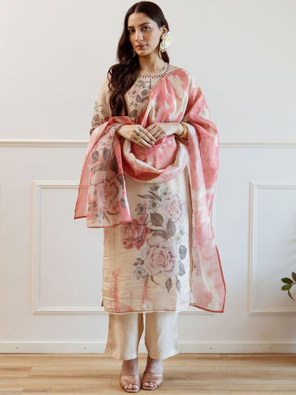 Indyancart IE Women Floral Printed Regular Kurta with Trousers Dupatta