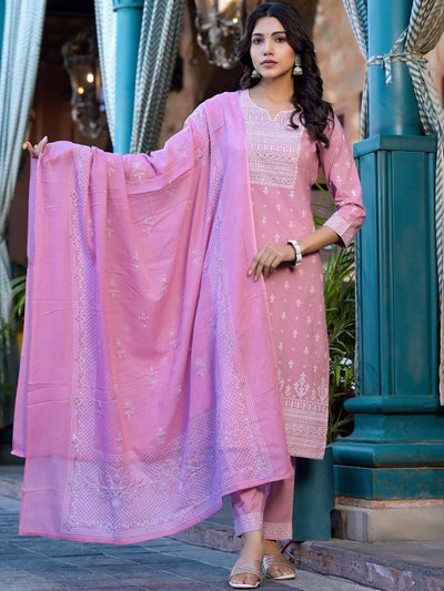 Indyancart VA Women'sEthnic Motifs Printed Mirror Work Pure Cotton Kurta With Trouser & Dupatta