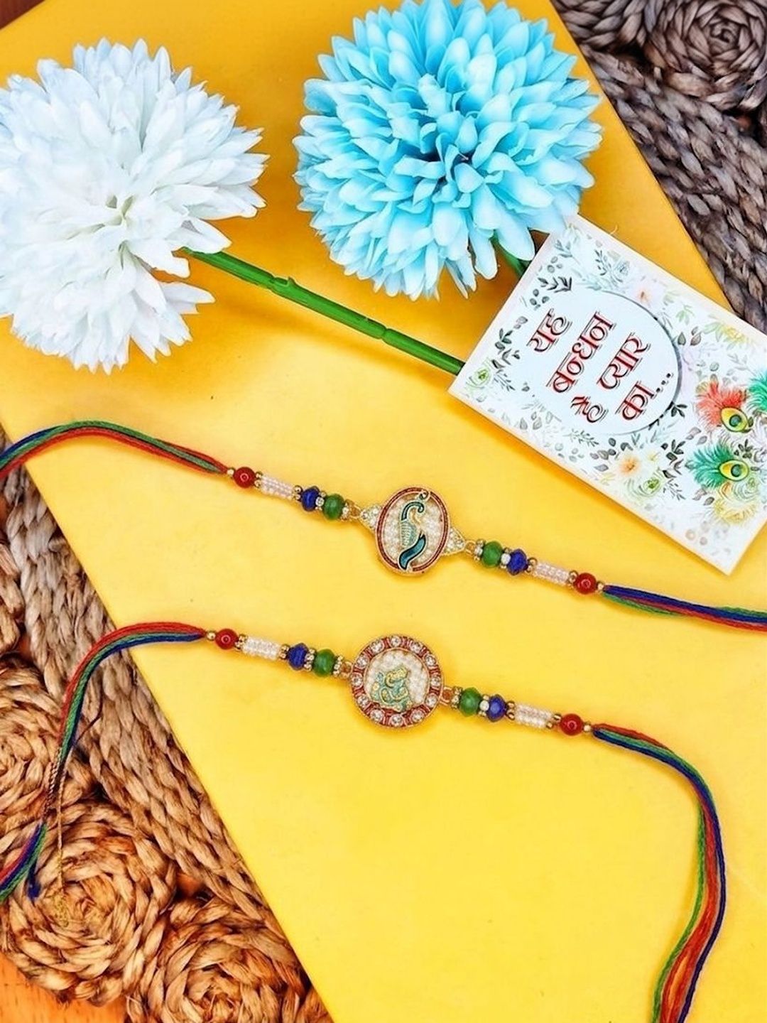 Anouk Set Of 2 Multicolor Peacock Design Rakhi With Roli Chawal Chandan Mishri