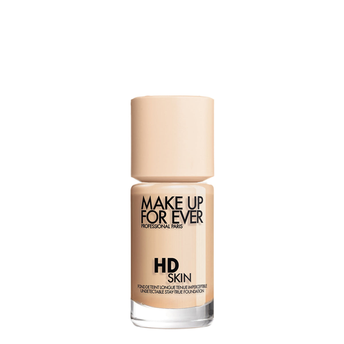 MAKE UP FOR EVER HD Skin Foundation in 1Y04 Warm Alabaster, close-up showing the sleek bottle and product label.