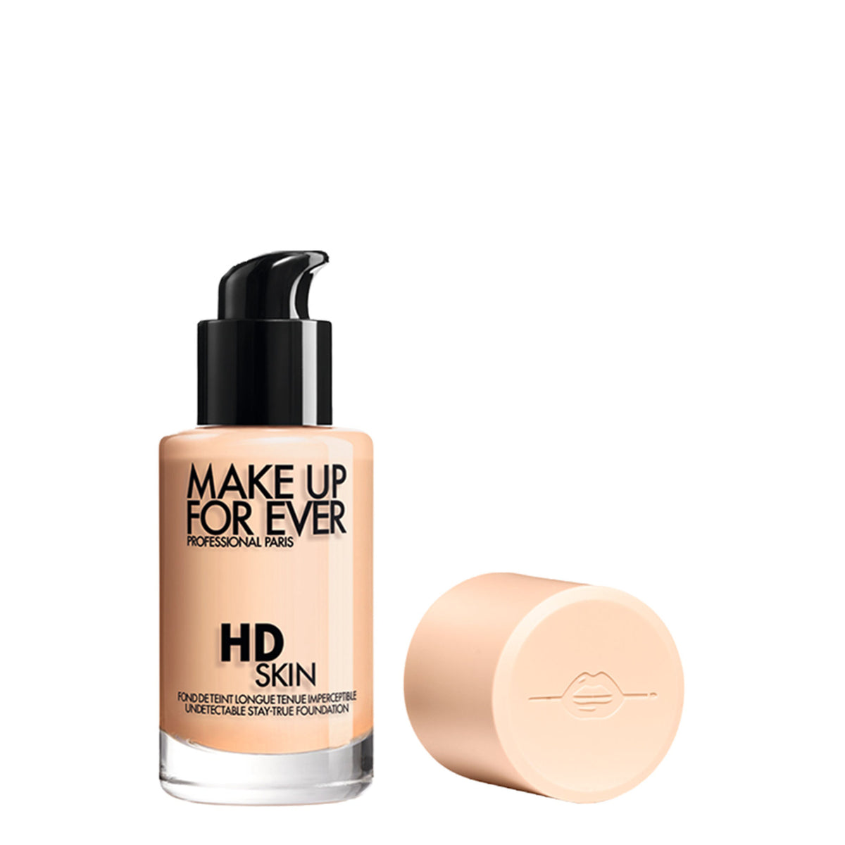Make Up For Ever HD Skin Foundation in shade 1Y04 Warm Alabaster, close-up of the product bottle with pump dispenser.