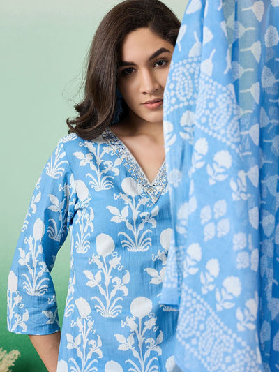 Indyancart SN Women's Printed & Embroidered Pure Cotton Straight Kurta With Trouser & Dupatta Set