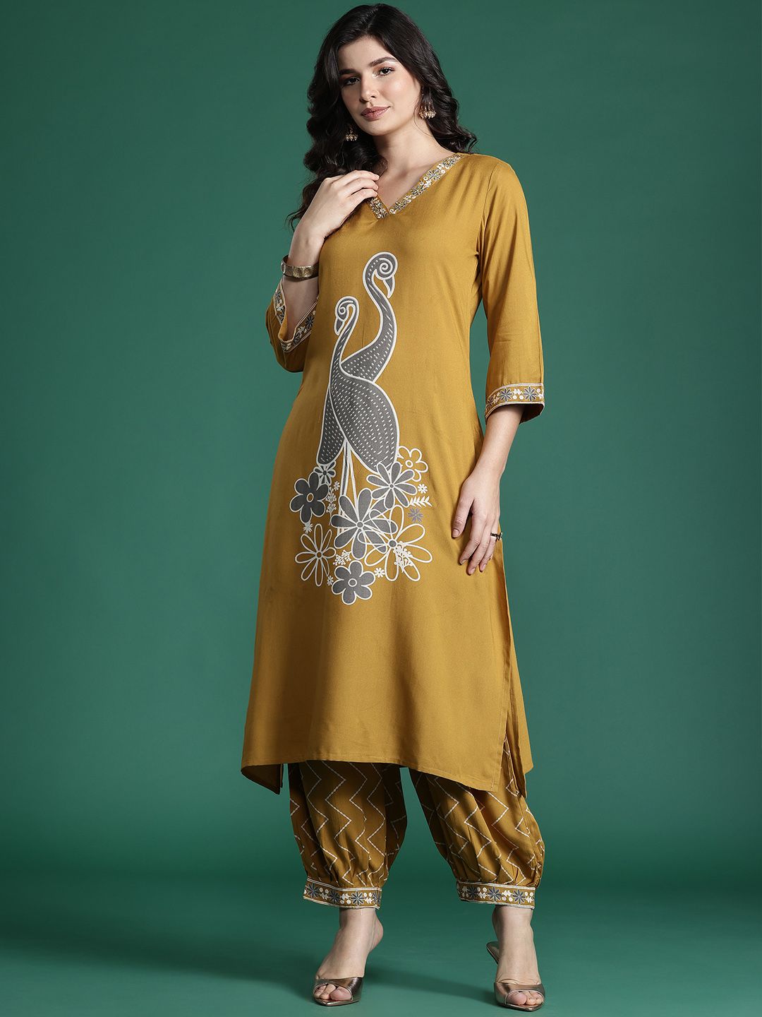 Indyancart IE Quirky Printed Beads & Stones Kurta with Salwar