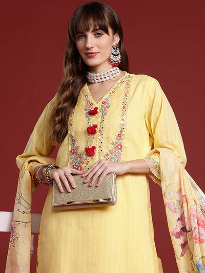 Indyancart IE Women Embroidered Regular Thread Work Pure Cotton Kurta with Trousers & With Dupatta