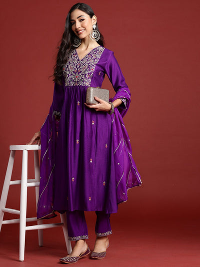 Indyancart IE Floral Embroidered Pleated Aari Work Liva Kurta With Trousers & Dupatta